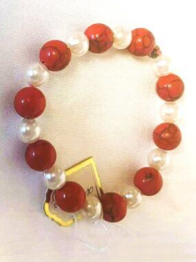 Artisan Trendy Red Howlite Pearl Bracelet Handmade Stretch Beaded Jewelry